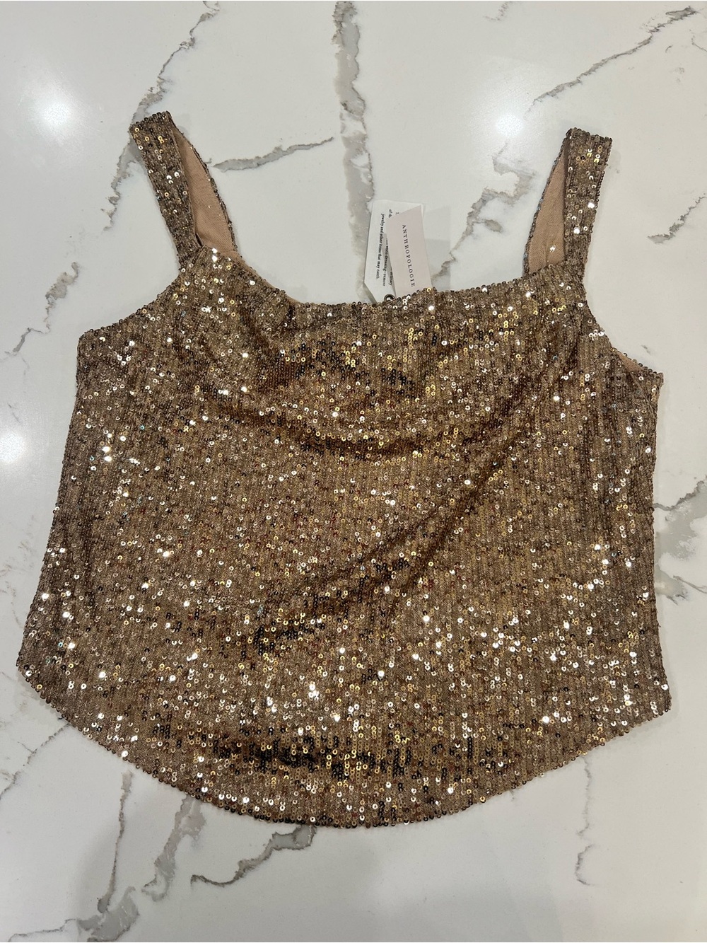 NWT By Anthropologie Cowl-Neck Gold Sequin Camisole SZ Small